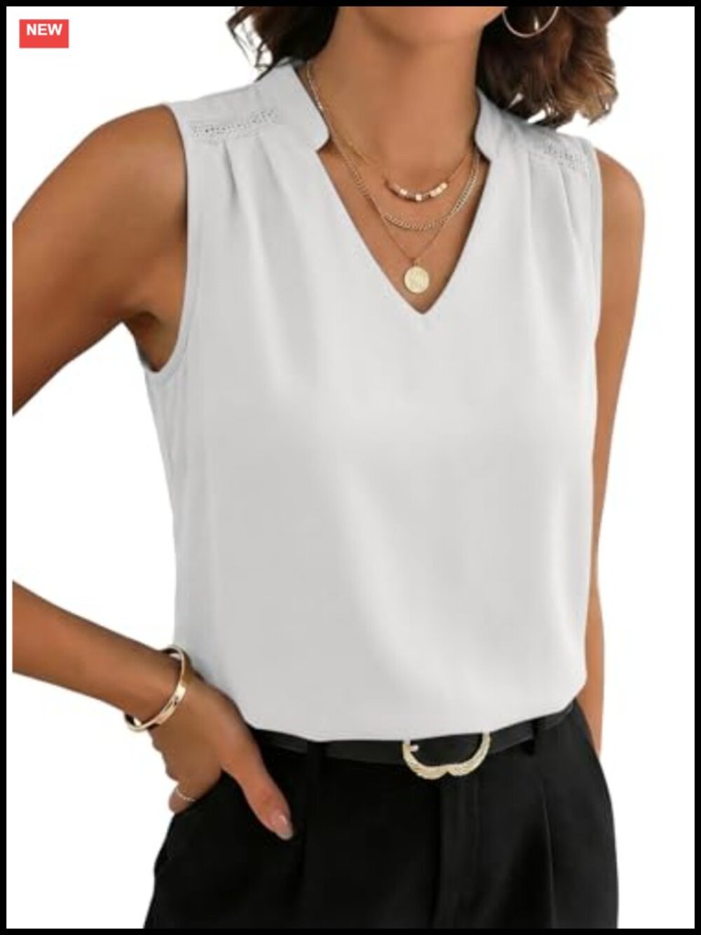 Womens Sleeveless V-Neck Lace Trim Tank Top Business Casual Blouse